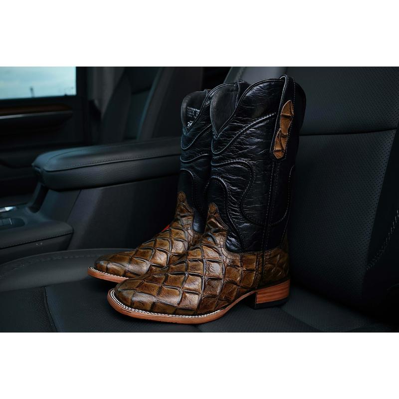 Mens Honey Pirarucu Leather Boots With Black Shaft - Square Toe