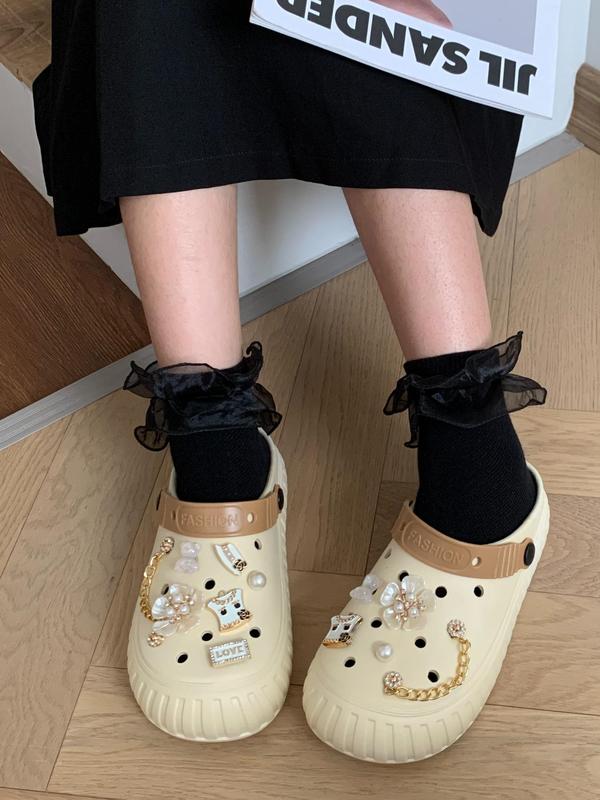 Women's Cute Minimalist Clogs with Flower & Chain Design Charm, Trendy Clogs with Faux Pearl & Rhinestone Decor Charms, Fashionable Clogs for Summer