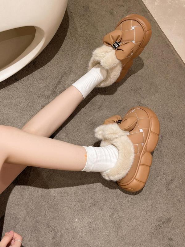 Women's Cute Bowknot Contrast Faux Fur Design Slipper Boots, Casual Soft Comfortable Home Slippers, Thick Sole Waterproof Warm Shoes for Indoor & Outdoor Use for Fall & Winter