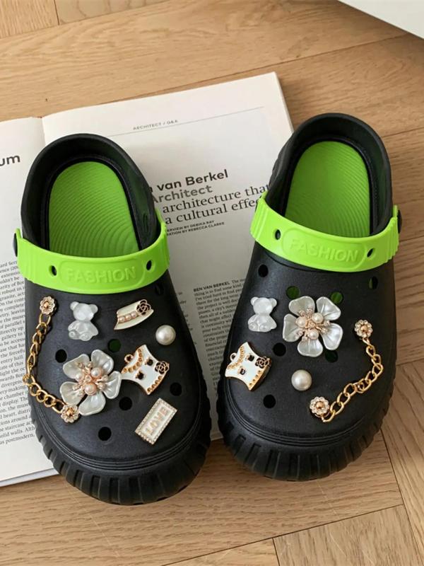 Women's Cute Minimalist Clogs with Flower & Chain Design Charm, Trendy Clogs with Faux Pearl & Rhinestone Decor Charms, Fashionable Clogs for Summer