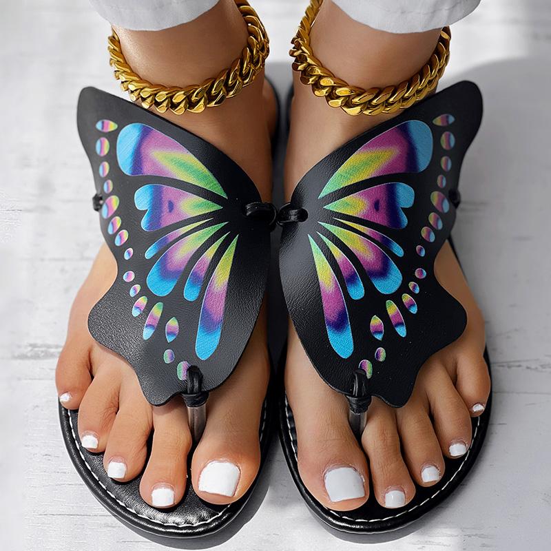 Colorblock Butterfly Print Toe Post Slippers