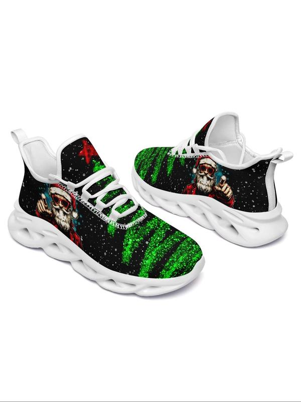 Women's Christmas Graphic Print Lace Up Front Sneakers, Casual Comfortable Breathable Sports Running Shoes, Female All-match Round Toe Chunky Sneakers for Daily Wear