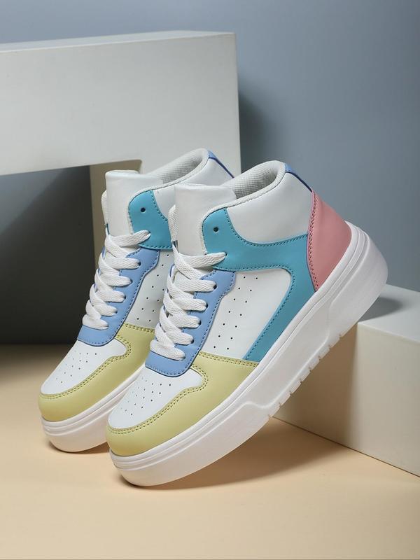 Women's Fashionable Colorblock Lace Up High Top Sneakers, Casual Comfortable Sports Shoes for Daily Wear, Female All-match Round Toe  Skate Shoes for Daily Wear