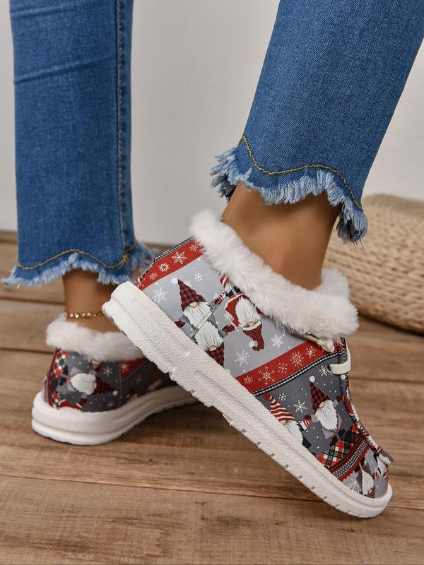 Women's Christmas Print Lace Up Low Top Sneakers, Casual Comfortable Warm Plush Lined Shoes for Daily Wear, Female All-match Round Toe Shoes for Daily Wear