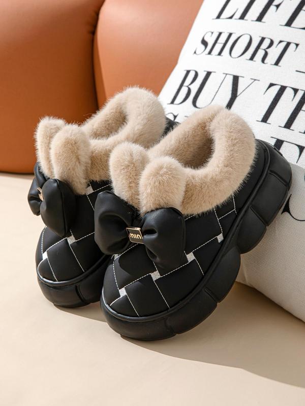 Women's Cute Bowknot Contrast Faux Fur Design Slipper Boots, Casual Soft Comfortable Home Slippers, Thick Sole Waterproof Warm Shoes for Indoor & Outdoor Use for Fall & Winter