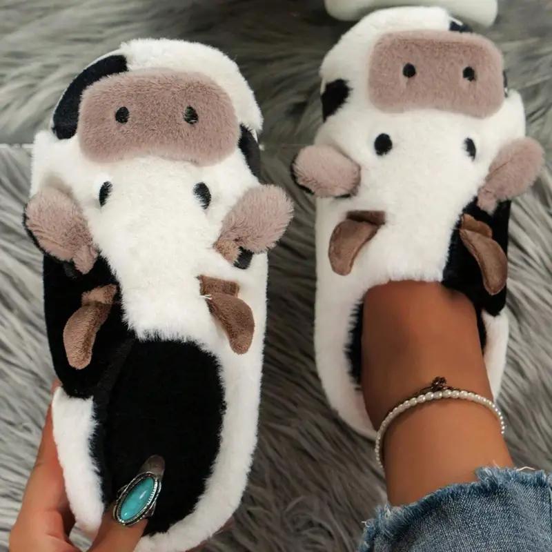 Couple's Cute Cow Plain Knitted White Slippers, Warm Comfortable Home Office Bedroom Slip-On For Men & Women, Autumn Winter