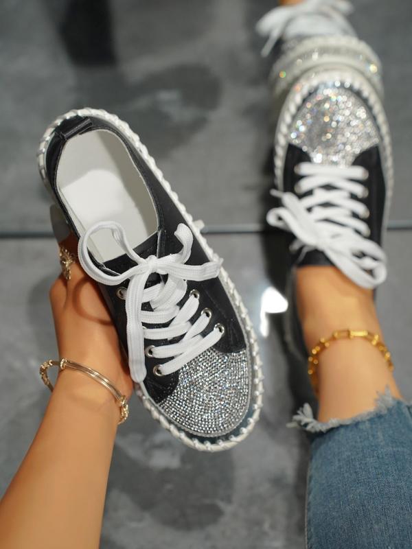 Women's Fashionable Rhinestone Decor Lace Up Platform Sneakers, Casual Comfortable Sports Shoes for Daily Wear, Female All-match Round Toe Shoes for Daily Wear