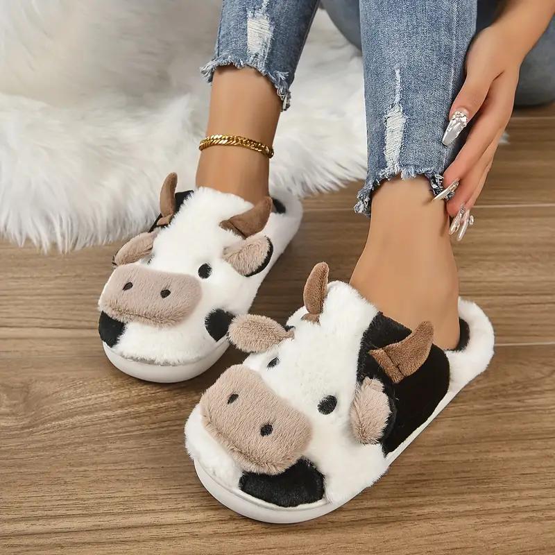 Couple's Cute Cow Plain Knitted White Slippers, Warm Comfortable Home Office Bedroom Slip-On For Men & Women, Autumn Winter