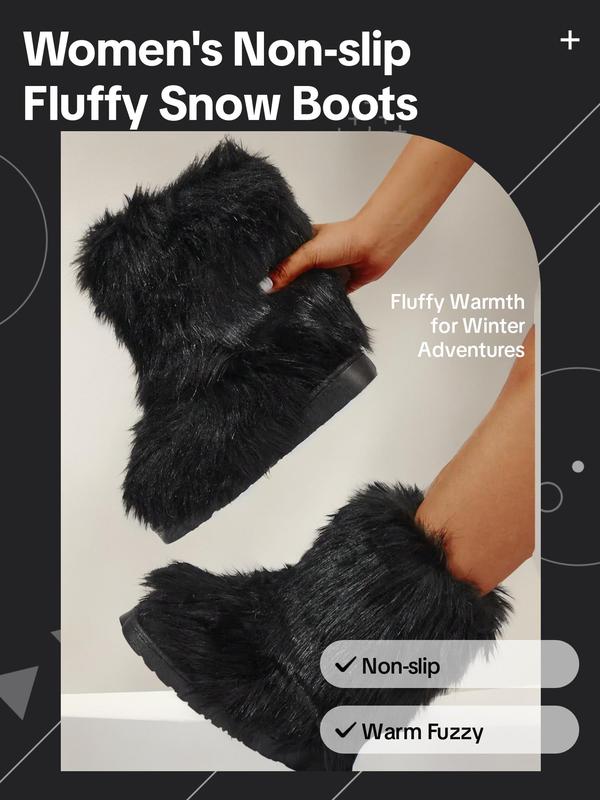 Women's Non-slip Fluffy Snow Boots, Casual Warm Fuzzy Mid-calf Boots for Fall & Winter, Female All-match Round Toe Shoes for Daily Wear