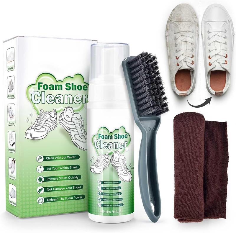 Foam Shoe Cleaner Kit, 6.76 Oz White Shoe Cleaning with Brush and Towel, Sneaker Cleaning Kit Removes Dirt and Stain for White Shoes, Suede, Leather, Canvas, Knit, Boots, Fabric, PU