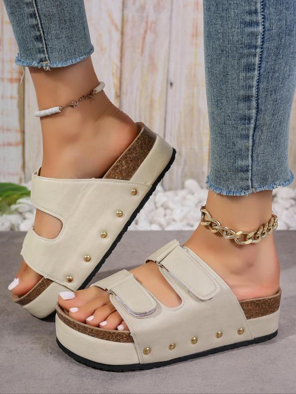 Women's Boho Style Solid Color Platform Wedge Sandals, 2024 Fashionable Summer New Comfortable Slip on Sandals, Girl Lightweight Breathable Walking Shoes for Daily Footwear