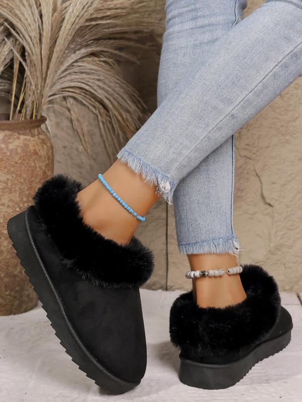 Women's Solid Color Contrast Faux Fur Trim Ankle Boots, Casual Comfortable Warm Boots for Winter, Fluffy Lined Boots for Indoor & Outdoor