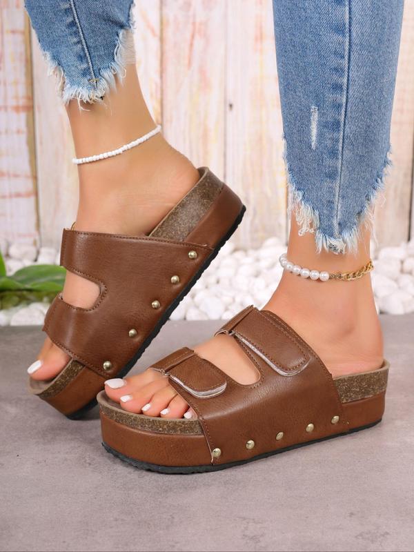 Women's Boho Style Solid Color Platform Wedge Sandals, 2024 Fashionable Summer New Comfortable Slip on Sandals, Girl Lightweight Breathable Walking Shoes for Daily Footwear