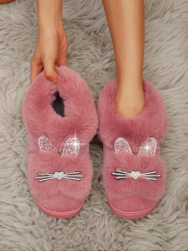 Women's Cute Rhinestone Decor Cat Design Plush Slippers, Casual Soft Comfortable Home Slippers, Warm Slippers for Indoor & Outdoor Use for Fall & Winter