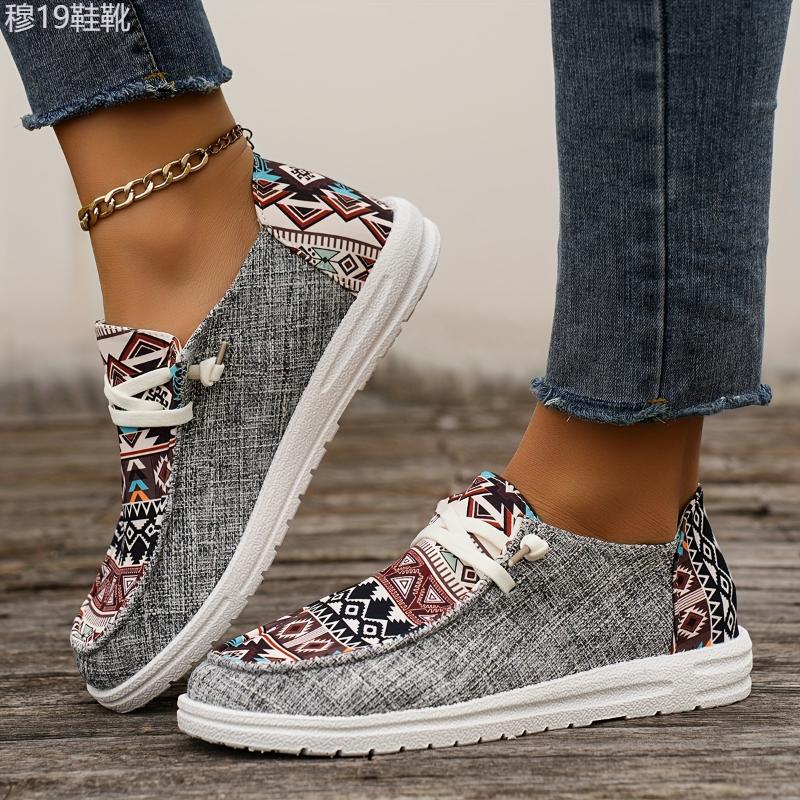 Women's Tribal Pattern Canvas Shoes, Casual Round Toe Low Top Flat Sneakers, Lightweight Outdoor Walking Shoes Training Closed