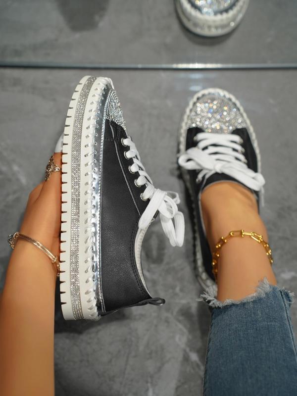 Women's Fashionable Rhinestone Decor Lace Up Platform Sneakers, Casual Comfortable Sports Shoes for Daily Wear, Female All-match Round Toe Shoes for Daily Wear