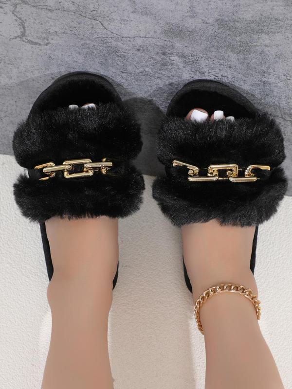 Women's Summer Fashion Elegant Chain Trim Faux Fur Soft Comfort Slippers, 2024 Trendy Versatile Simple Plain Color Home Sandals, Girl Cute Plush Fuzzy Cozy Slip on House Slippers, Summer Footwear Walking Shoes