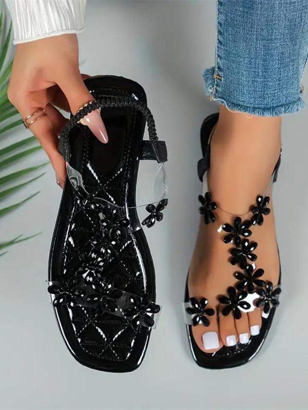 Women's Butterfly Design Rhinestone & Faux Pearl Decorated Slip on Square Toe Sandals for Summer Beach Vacation, Designer Breathable Shoes