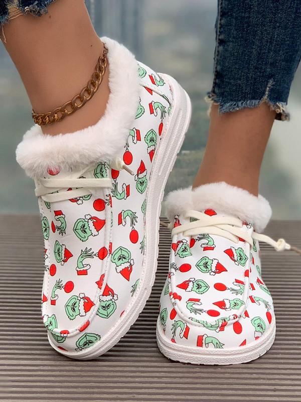 Women's Christmas Themed Lace Up Plush Lined Sneakers, Casual Comfortable Soft Sole Shoes for Fall & Winter, Female All-match Round Toe Shoes for Daily Wear