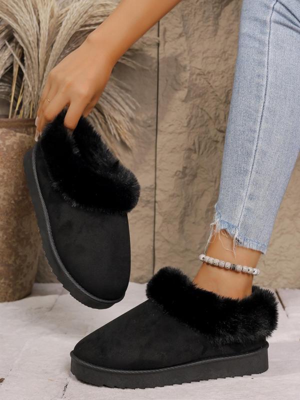 Women's Solid Color Contrast Faux Fur Trim Ankle Boots, Casual Comfortable Warm Boots for Winter, Fluffy Lined Boots for Indoor & Outdoor