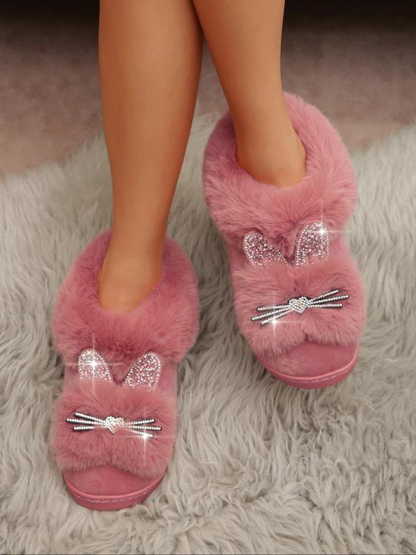 Women's Cute Rhinestone Decor Cat Design Plush Slippers, Casual Soft Comfortable Home Slippers, Warm Slippers for Indoor & Outdoor Use for Fall & Winter