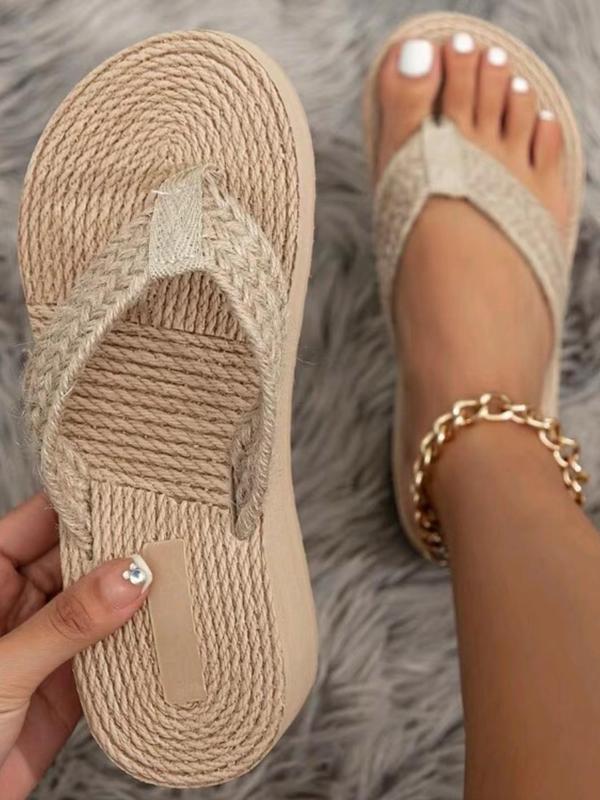 Women's Summer Fashionable Hemp Rope Weaving Design Flip Flops, Comfort Sandals, Simple Plain Thick Sole Flip Flops, Casual Style Summer Beach Walking Shoes for Women & Girls