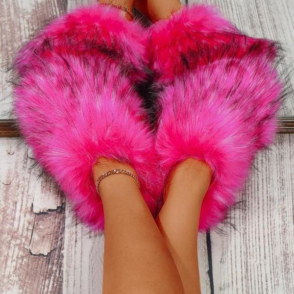 Women's Plush faux fur Slipper Slide Sandal Soft Furry Fuzzy Fluffy Lovely Indoor Outdoor Flat Slippers Girl Flipflop