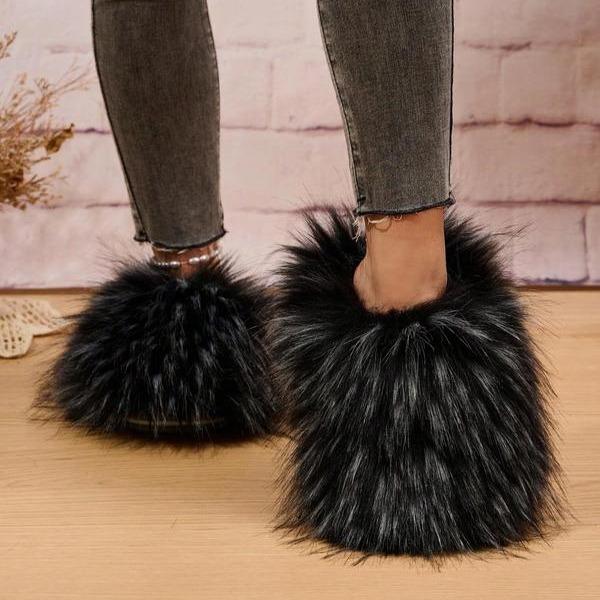 Women's Plush faux fur Slipper Slide Sandal Soft Furry Fuzzy Fluffy Lovely Indoor Outdoor Flat Slippers Girl Flipflop