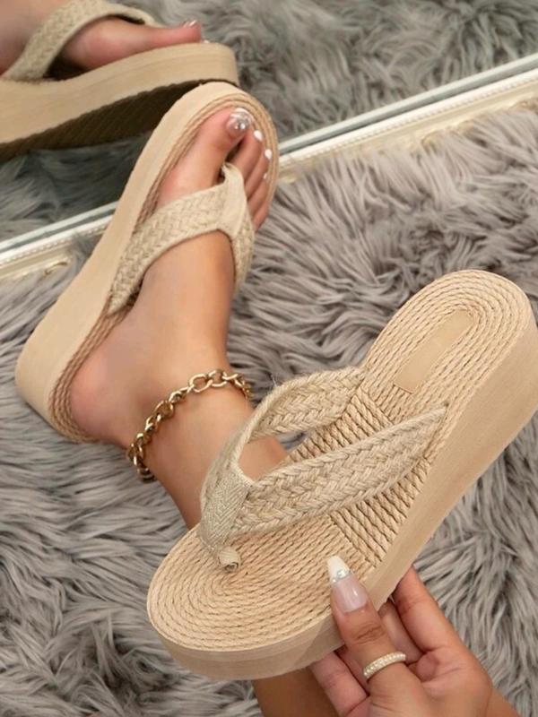 Women's Summer Fashionable Hemp Rope Weaving Design Flip Flops, Comfort Sandals, Simple Plain Thick Sole Flip Flops, Casual Style Summer Beach Walking Shoes for Women & Girls