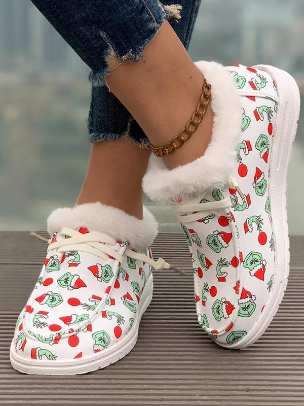 Women's Christmas Themed Lace Up Plush Lined Sneakers, Casual Comfortable Soft Sole Shoes for Fall & Winter, Female All-match Round Toe Shoes for Daily Wear