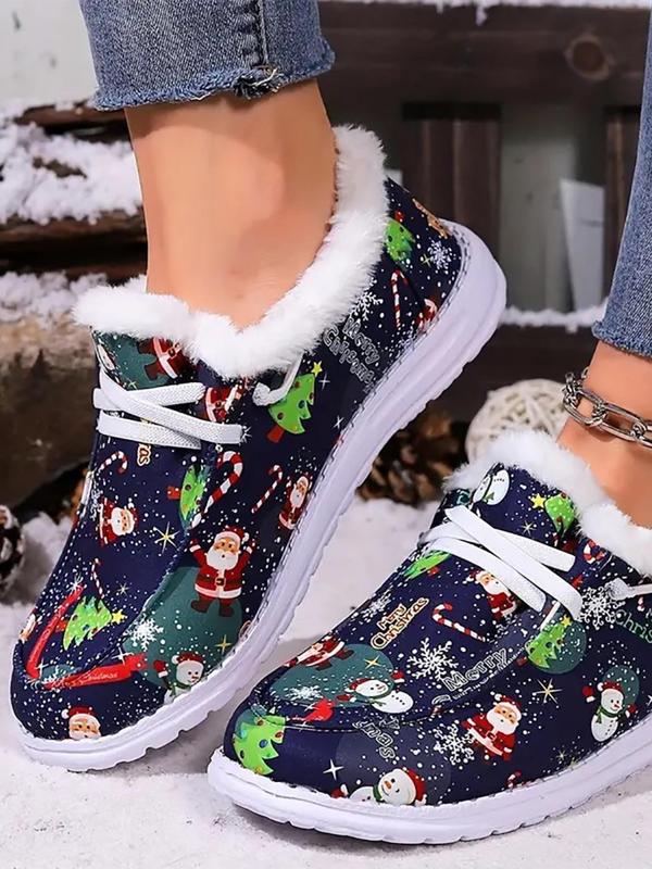 Women's Christmas Themed Lace Up Plush Lined Sneakers, Casual Comfortable Soft Sole Shoes for Fall & Winter, Female All-match Round Toe Shoes for Daily Wear