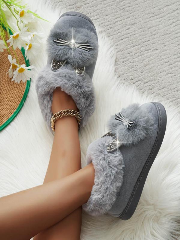 Women's Cute Rhinestone Decor Cat Design Plush Slippers, Casual Soft Comfortable Home Slippers, Warm Slippers for Indoor & Outdoor Use for Fall & Winter