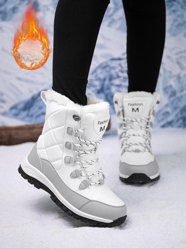 Women's Fashionable Letter Patched Design Lace Up Snow Boots, Casual Warm Ankle Boots for Winter, Female All-match Round Toe Boots for Daily Wear