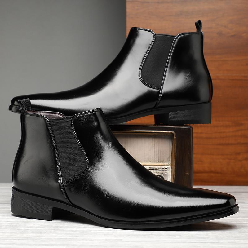 A Pair of Men's European-Style Solid Color Chelsea Booties-Artificial Leather Upper, Easy to Put on and off Design, Rubber Sole, Artificial Lining and Insole-Men's Short Boots Boy Walking Shoes