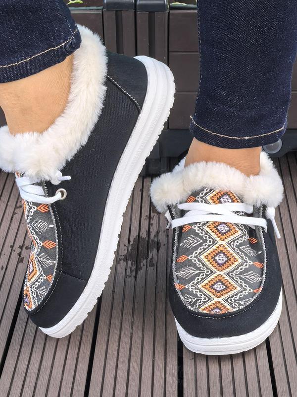 Women's Ethnic Pattern Contrast Faux Fur Lined Sneakers, Casual Comfortable Warm Ankle Boots for Fall & Winter, Female All-match Round Toe Shoes for Daily Wear