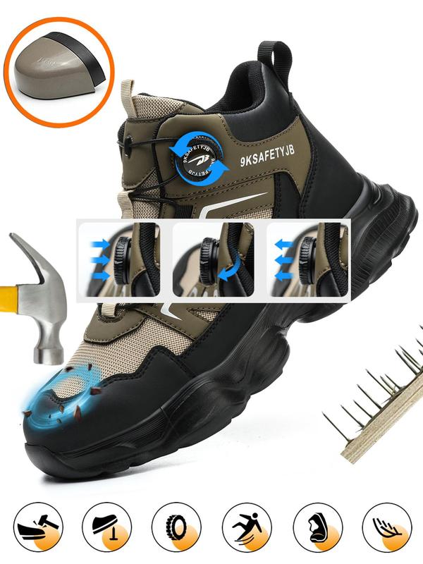 Men's High Top Safety Boots, Casual Sporty Rotating Button Work Shoes, Fashionable Anti-impact & Anti-puncture Shoes for Outdoor Hiking