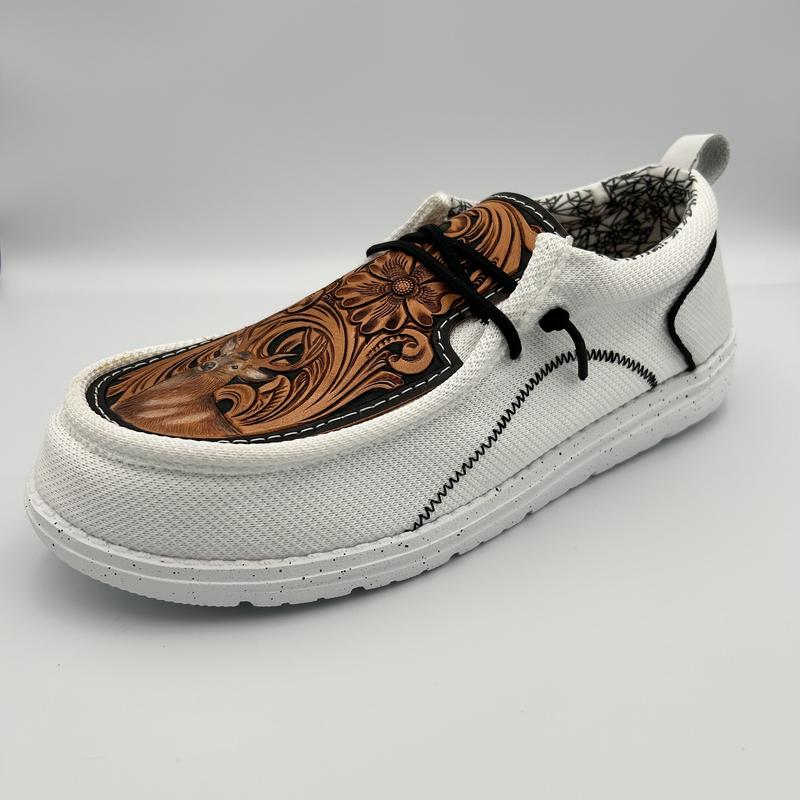 Double R Western Tooled Leather Shoes (White - Hunting Fishing)