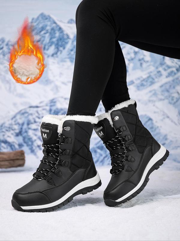 Women's Fashionable Letter Patched Design Lace Up Snow Boots, Casual Warm Ankle Boots for Winter, Female All-match Round Toe Boots for Daily Wear