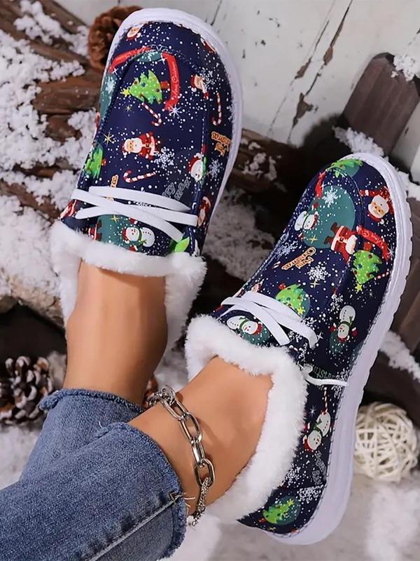 Women's Christmas Themed Lace Up Plush Lined Sneakers, Casual Comfortable Soft Sole Shoes for Fall & Winter, Female All-match Round Toe Shoes for Daily Wear