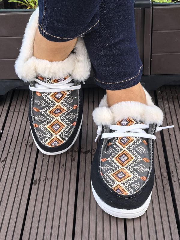 Women's Ethnic Pattern Contrast Faux Fur Lined Sneakers, Casual Comfortable Warm Ankle Boots for Fall & Winter, Female All-match Round Toe Shoes for Daily Wear