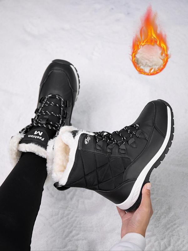 Women's Fashionable Letter Patched Design Lace Up Snow Boots, Casual Warm Ankle Boots for Winter, Female All-match Round Toe Boots for Daily Wear