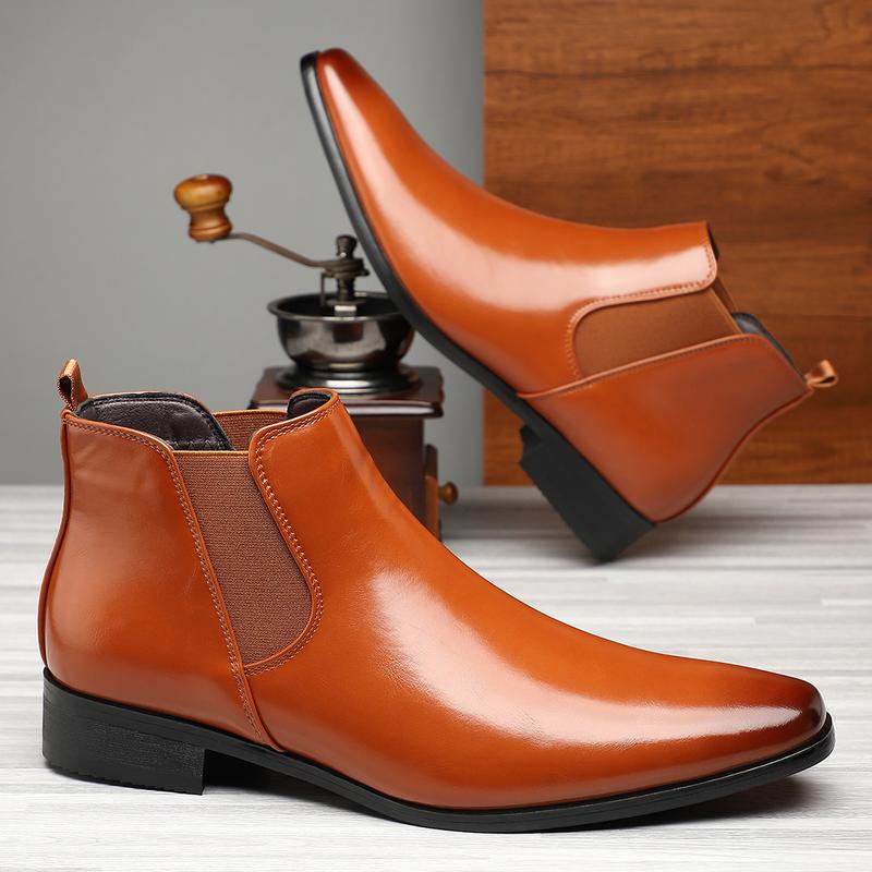 A Pair of Men's European-Style Solid Color Chelsea Booties-Artificial Leather Upper, Easy to Put on and off Design, Rubber Sole, Artificial Lining and Insole-Men's Short Boots Boy Walking Shoes