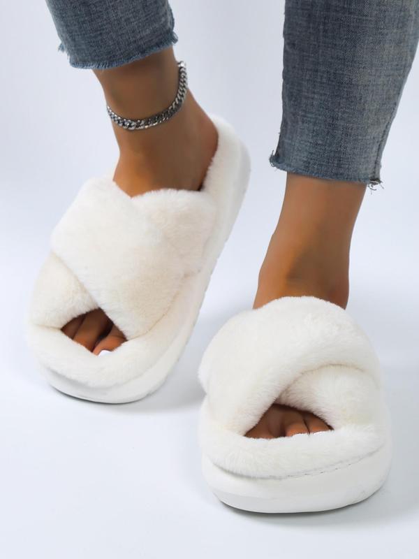 Solid Color Criss Cross Design Fluffy Slippers, Casual Comfortable Silent Anti-slip House Slippers for Fall & Winter Indoor and Outdoor Wear, Fall Outfits, Fall Freshness