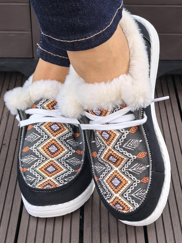 Women's Ethnic Pattern Contrast Faux Fur Lined Sneakers, Casual Comfortable Warm Ankle Boots for Fall & Winter, Female All-match Round Toe Shoes for Daily Wear