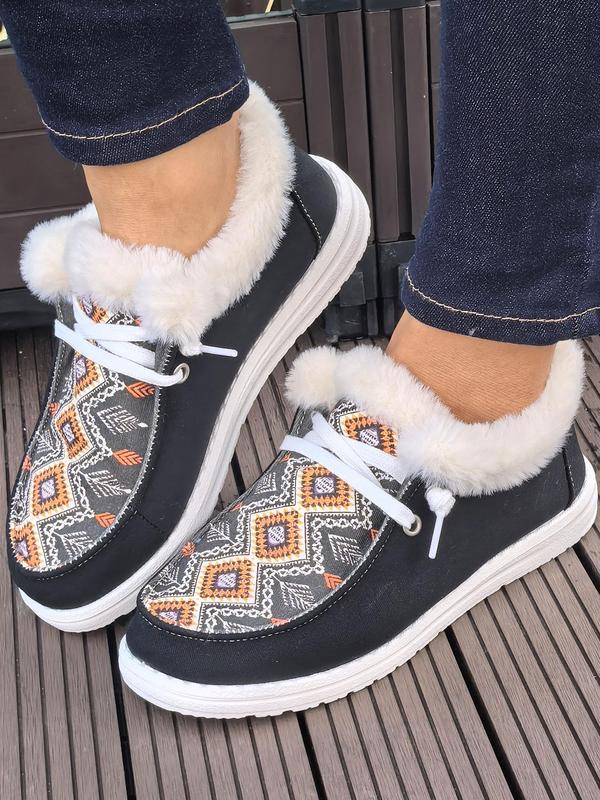 Women's Ethnic Pattern Contrast Faux Fur Lined Sneakers, Casual Comfortable Warm Ankle Boots for Fall & Winter, Female All-match Round Toe Shoes for Daily Wear