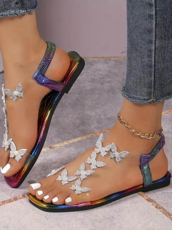 Women's Butterfly Design Rhinestone & Faux Pearl Decorated Slip on Square Toe Sandals for Summer Beach Vacation, Designer Breathable Shoes