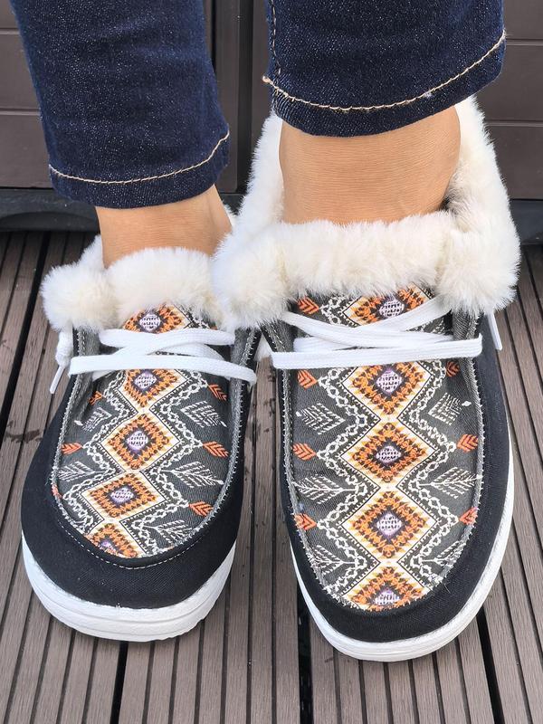 Women's Ethnic Pattern Contrast Faux Fur Lined Sneakers, Casual Comfortable Warm Ankle Boots for Fall & Winter, Female All-match Round Toe Shoes for Daily Wear