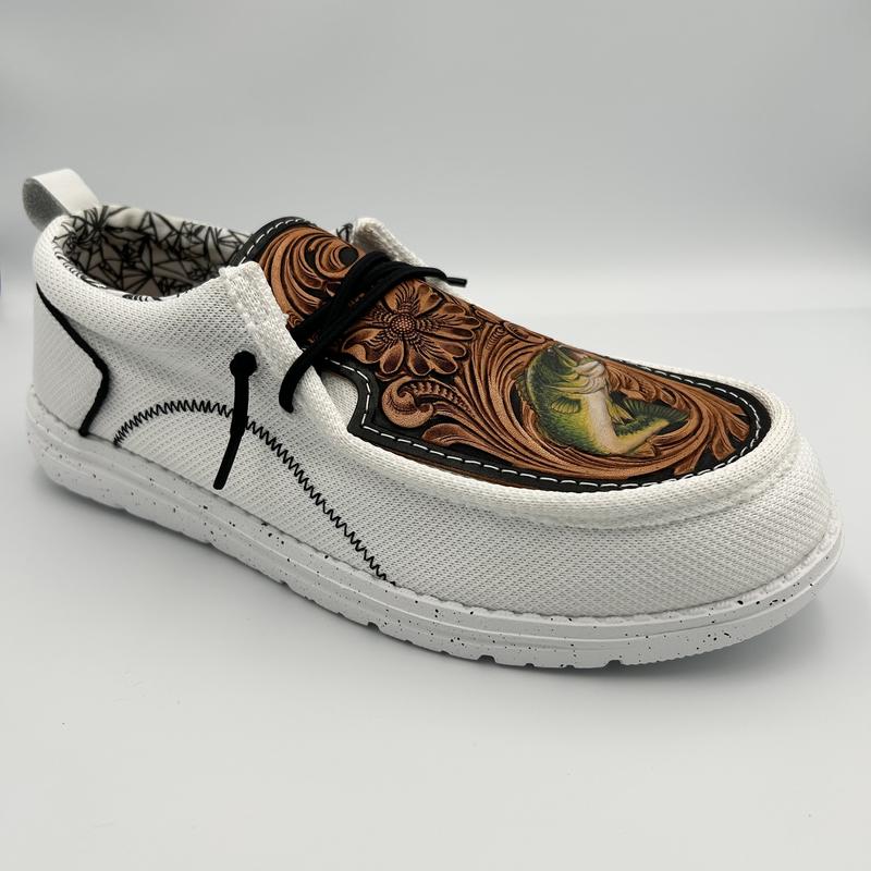 Double R Western Tooled Leather Shoes (White - Hunting Fishing)