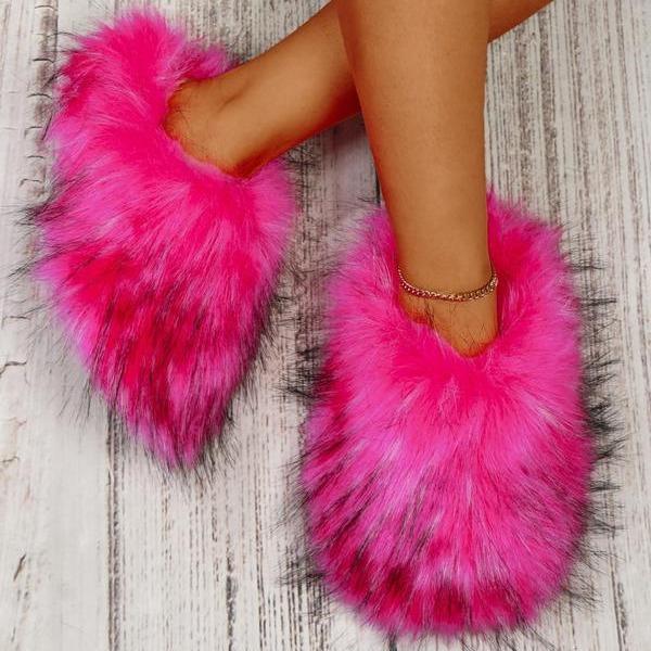 Women's Plush faux fur Slipper Slide Sandal Soft Furry Fuzzy Fluffy Lovely Indoor Outdoor Flat Slippers Girl Flipflop