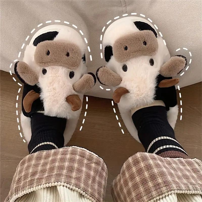 Couple's Cute Cow Plain Knitted White Slippers, Warm Comfortable Home Office Bedroom Slip-On For Men & Women, Autumn Winter